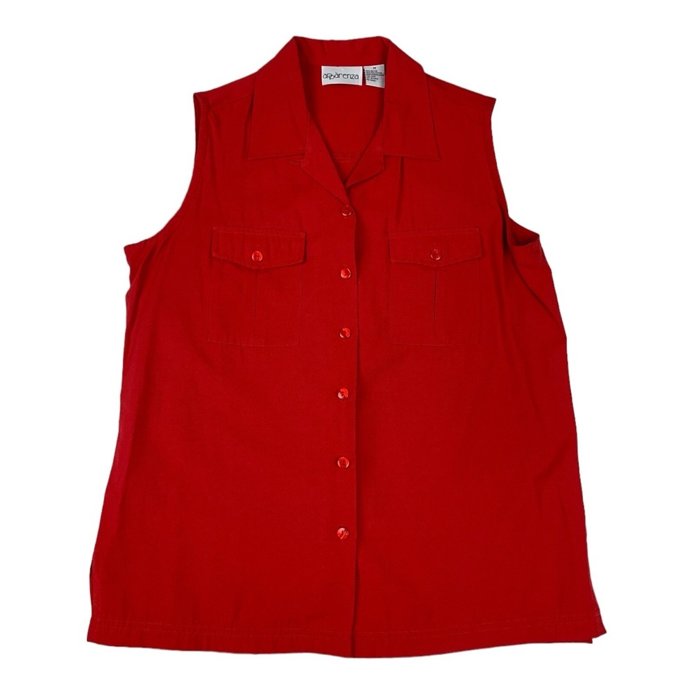 Apparenza‎ Top Womens Medium Red Sleeveless Blouse Button Up Pockets Casual